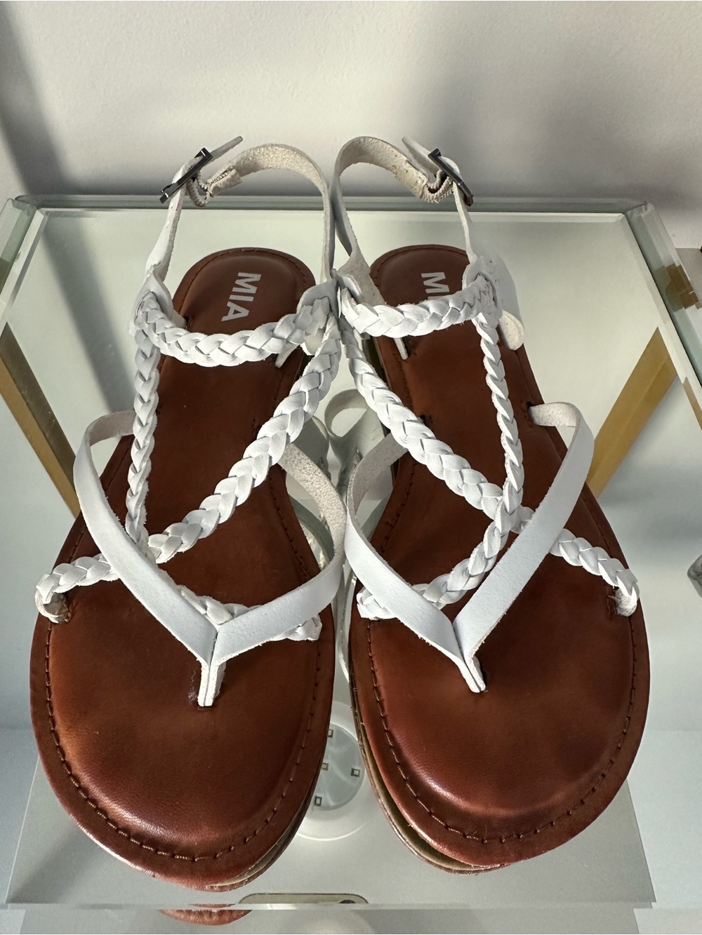 MIA White Braided T-Strap Leather Sandals Sz 8.5